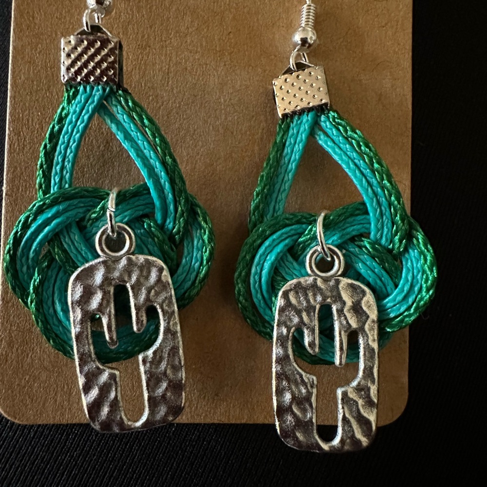 Green Teal and Silver Cactus Earrings